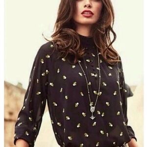 CAbi Black Floral-Print Long Sleeve Blouse